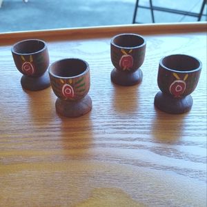 Vintage Hand-Painted Wooden Egg Cups - Set of 4